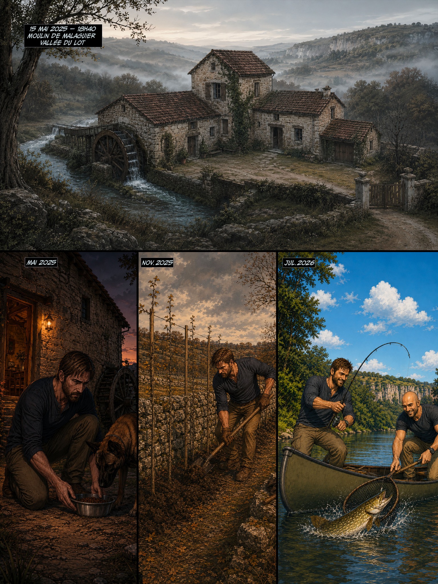 Planche montrant le moulin de Malaguier et les préparatifs de Pike