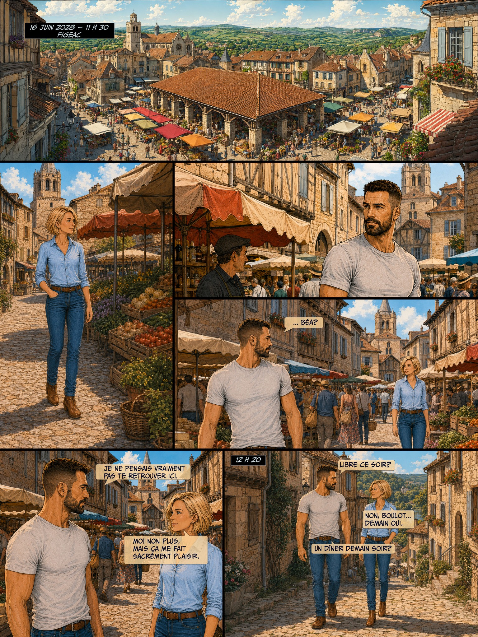 Planche terminée montrant la rencontre de Pike et Béa au marché de Figeac