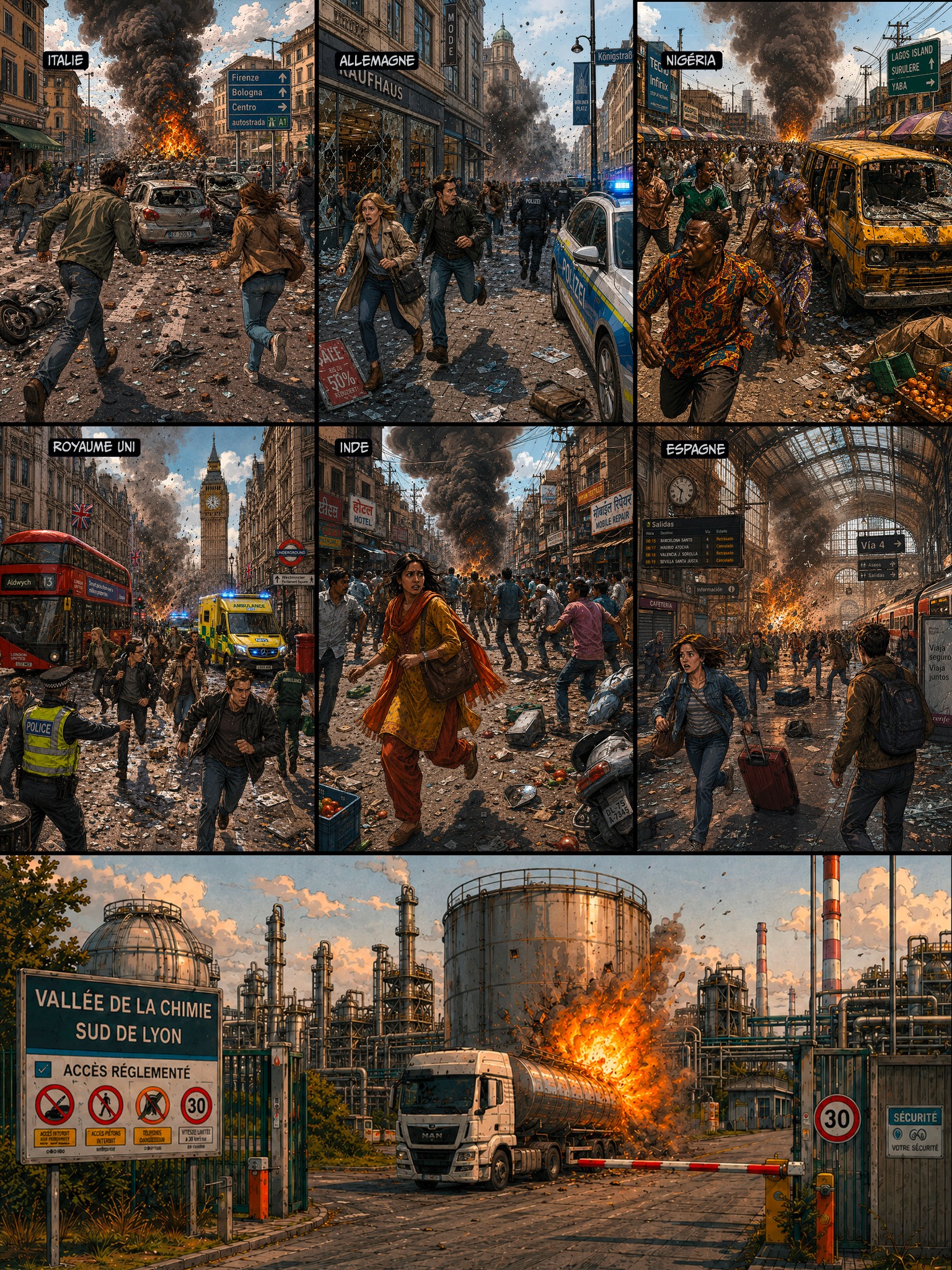 Planche montrant la propagation simultanée du chaos dans plusieurs pays